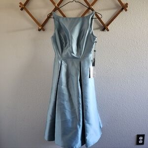 Adrianna Papell Light Blue Mikado Satin Fit and Flare Tea Length Dress